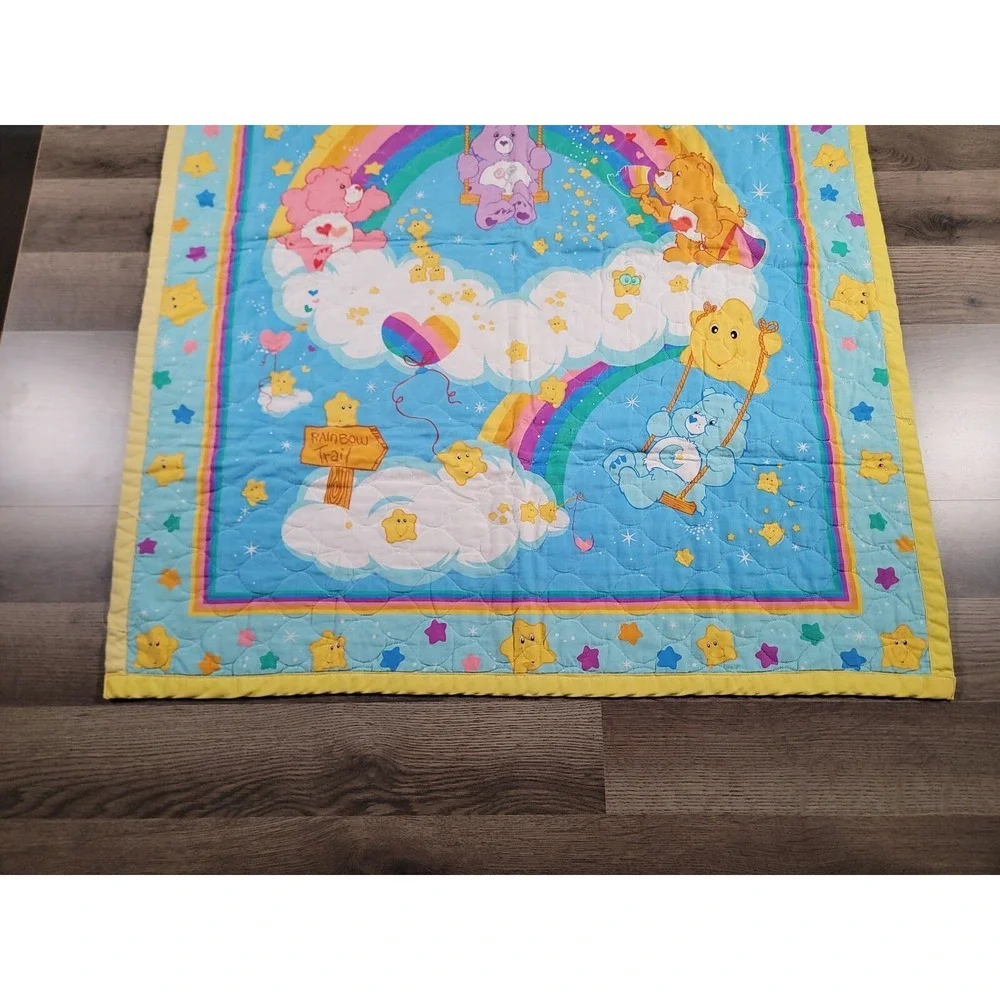 Vintage Care Bears Baby Blanket Crib Quilt Rainbow Trail Yellow Trim 41x33 Throw